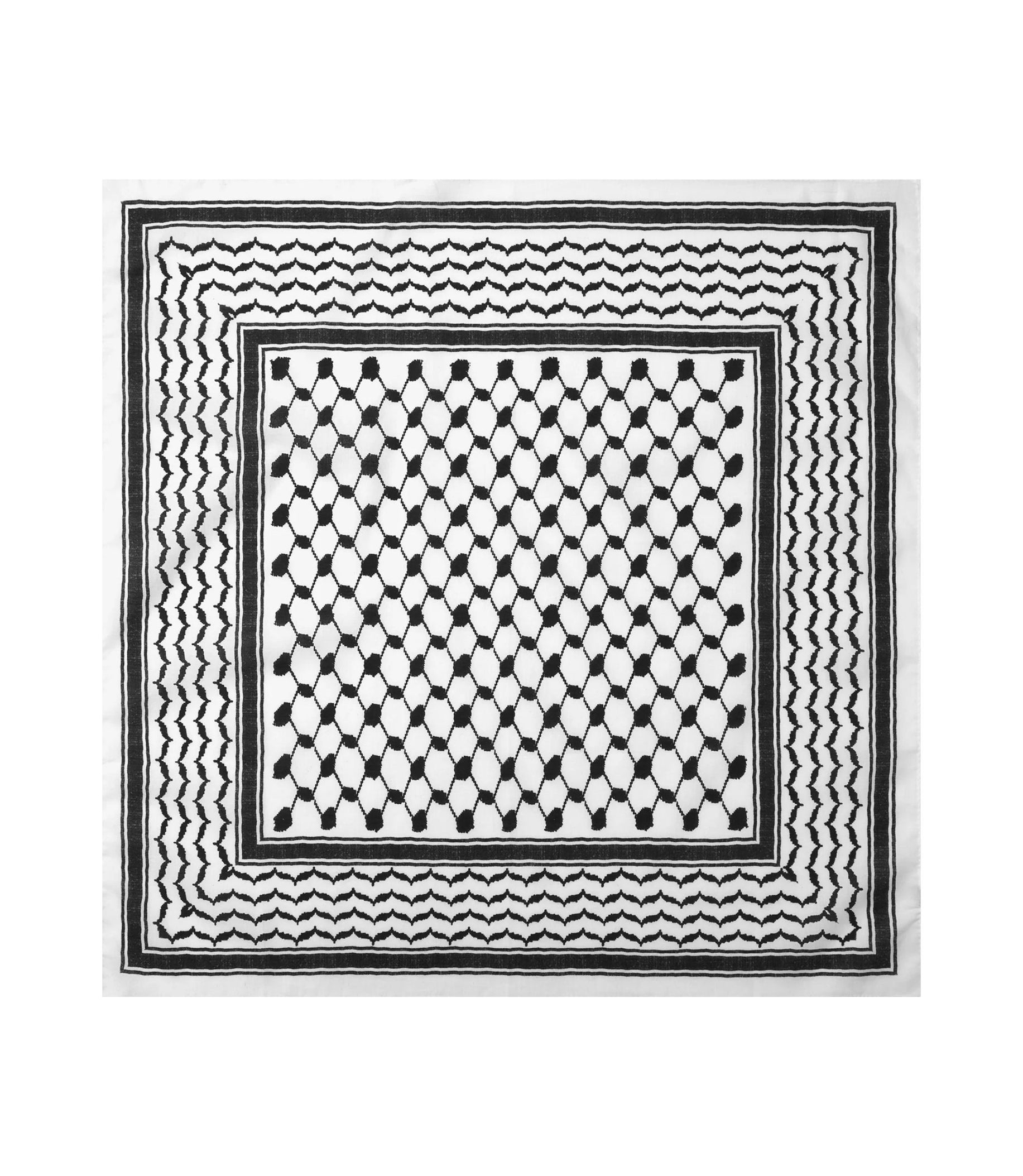 The Kufiya Bandana is a square scarf featuring a black and white geometric pattern with interconnected shapes at the center and a white background, bordered by alternating zigzag and straight lines.