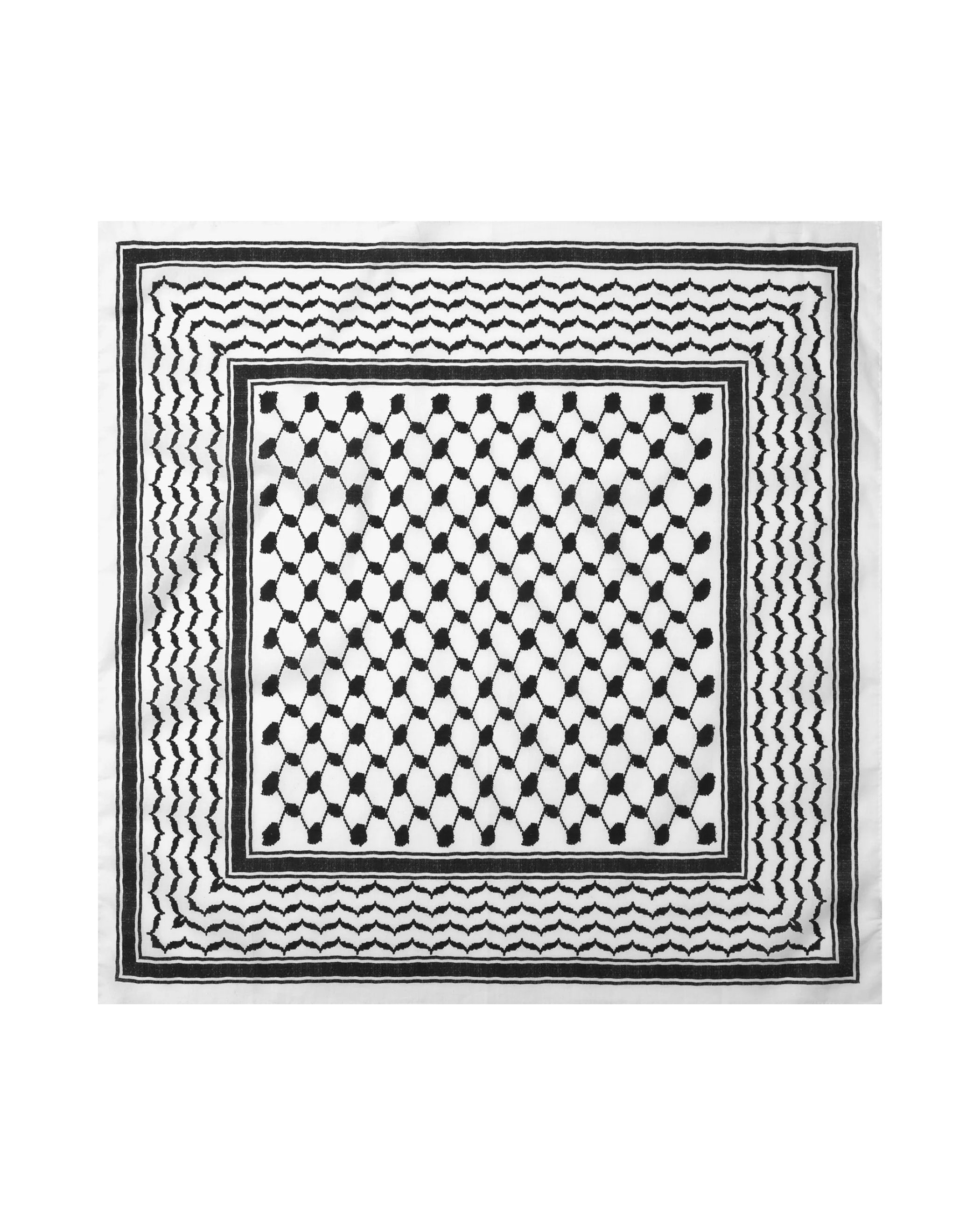 The Kufiya Bandana is a square scarf featuring a black and white geometric pattern with interconnected shapes at the center and a white background, bordered by alternating zigzag and straight lines.