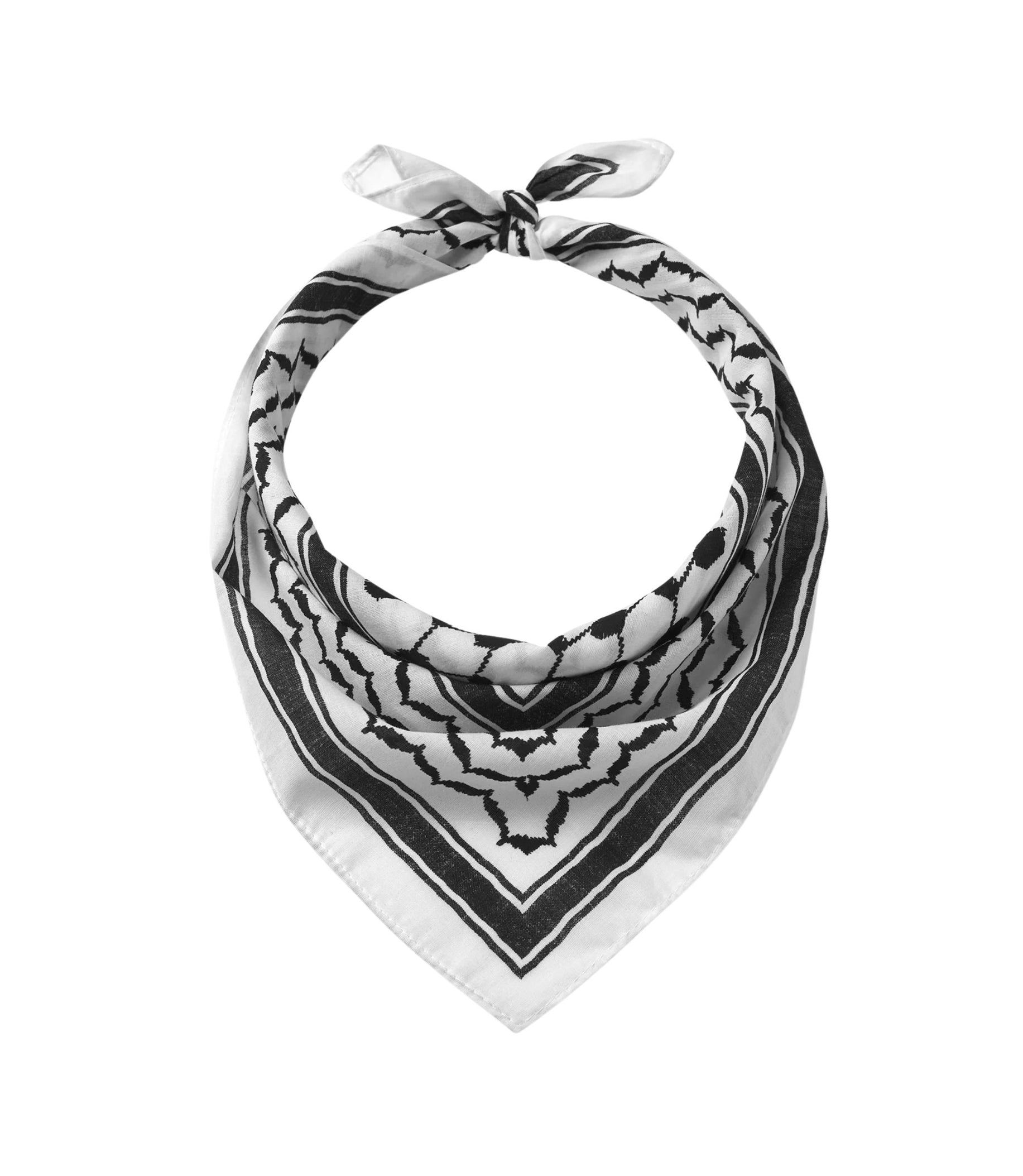A black and white kufiya scarf featuring a stylish monochrome tone pattern, elegantly draped for display.
