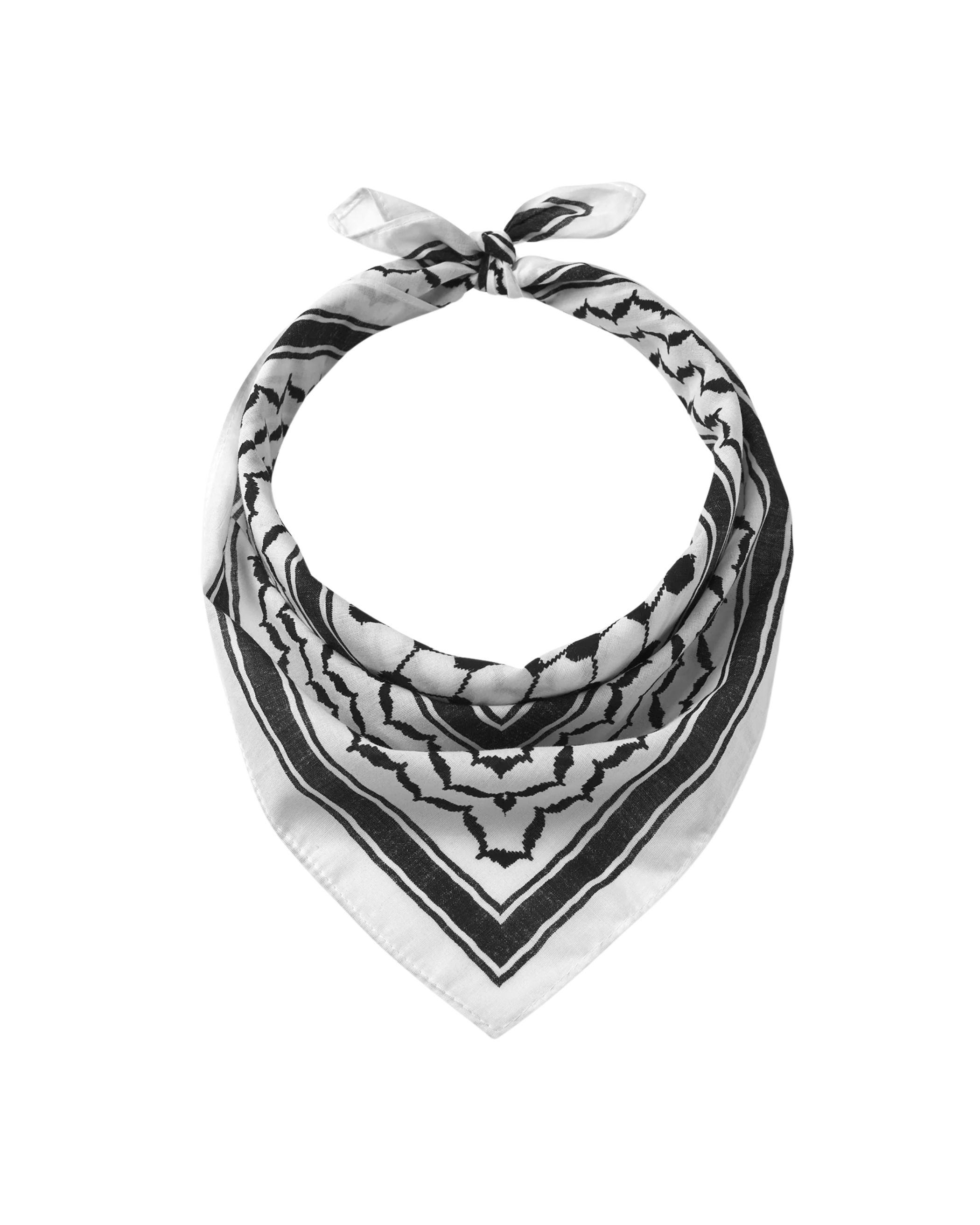 A black and white kufiya scarf featuring a stylish monochrome tone pattern, elegantly draped for display.